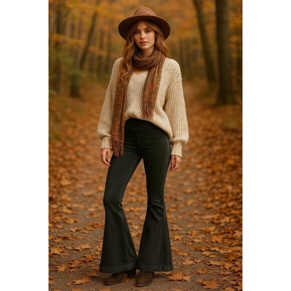 Free People Womens Venice Beach High Rise Flare Jeans Black Sz 32 Boho Festival - Picture 1 of 11